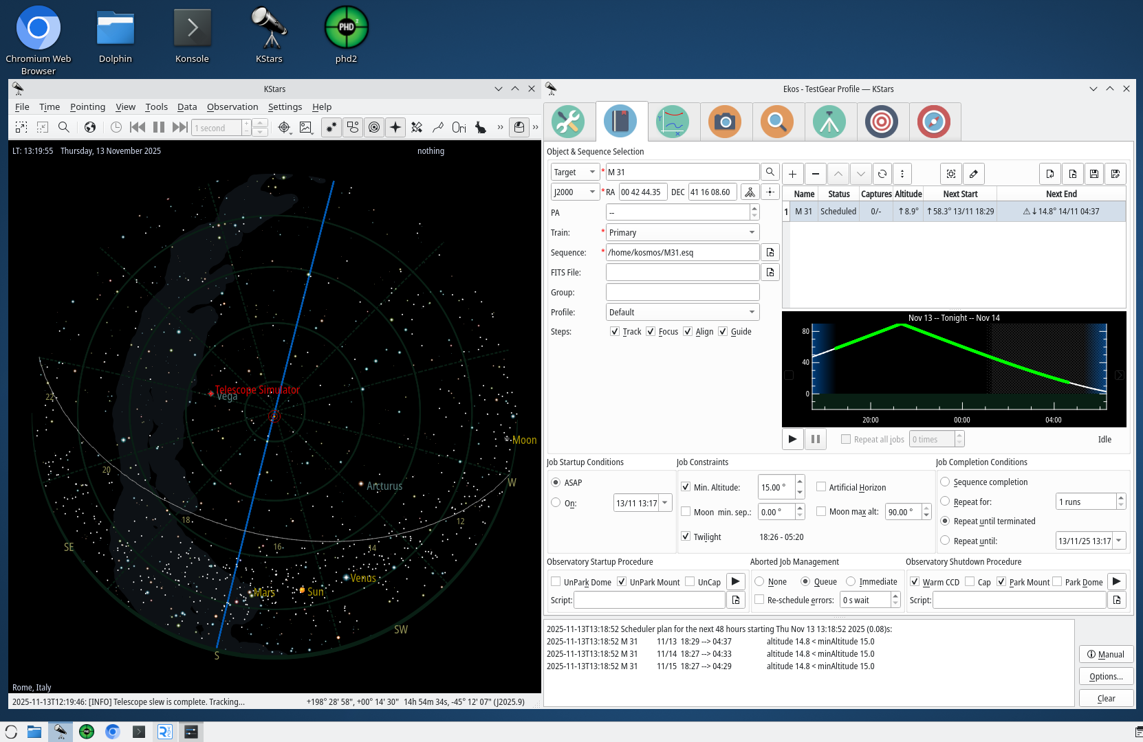 Desktop screenshot with KStars and Ekos running. Here system is configured with Noto Condensed font to take less desktop space.